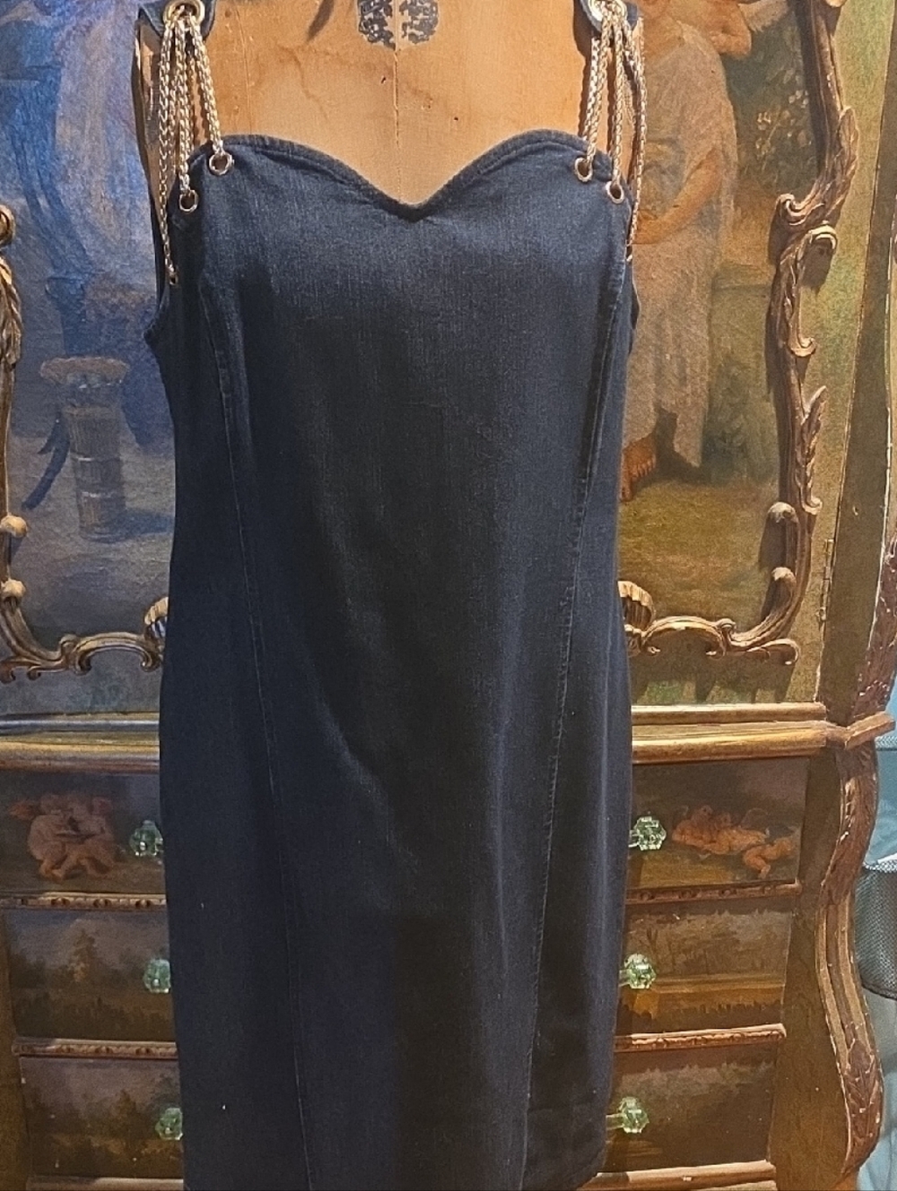 Midnight Velvet Navy Denim Mini Dress with Gold Chain Straps